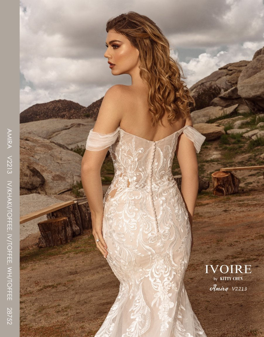 Thumbnail: back close up view of Amira off-shoulder mermaid wedding dress