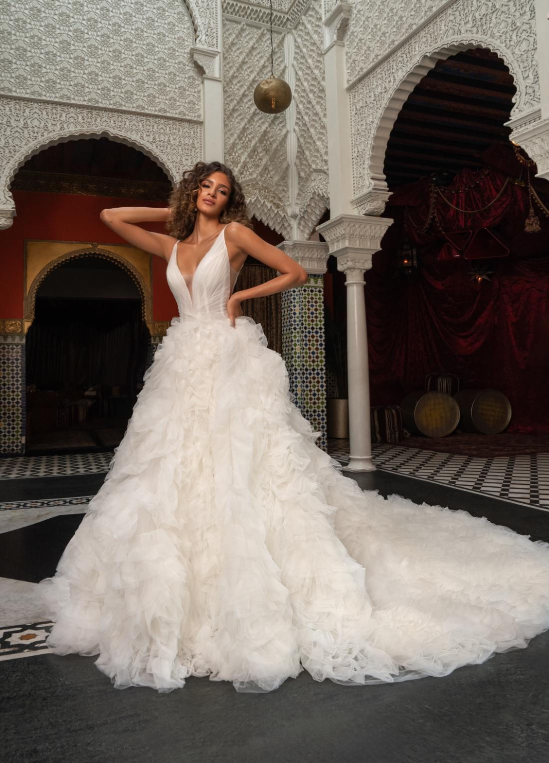 front view of Kalani organza ruffle ballgown