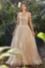 front view of A1112 gold evening gown