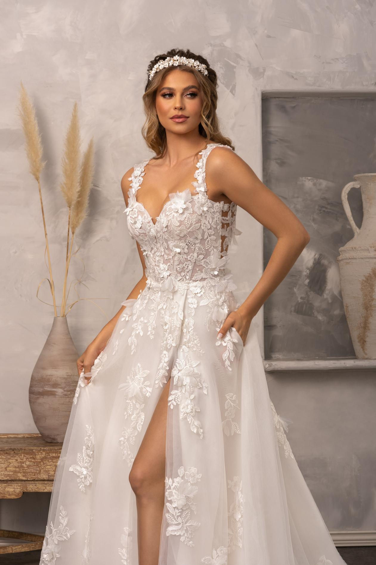 front close up view of Julie lace slit wedding dress
