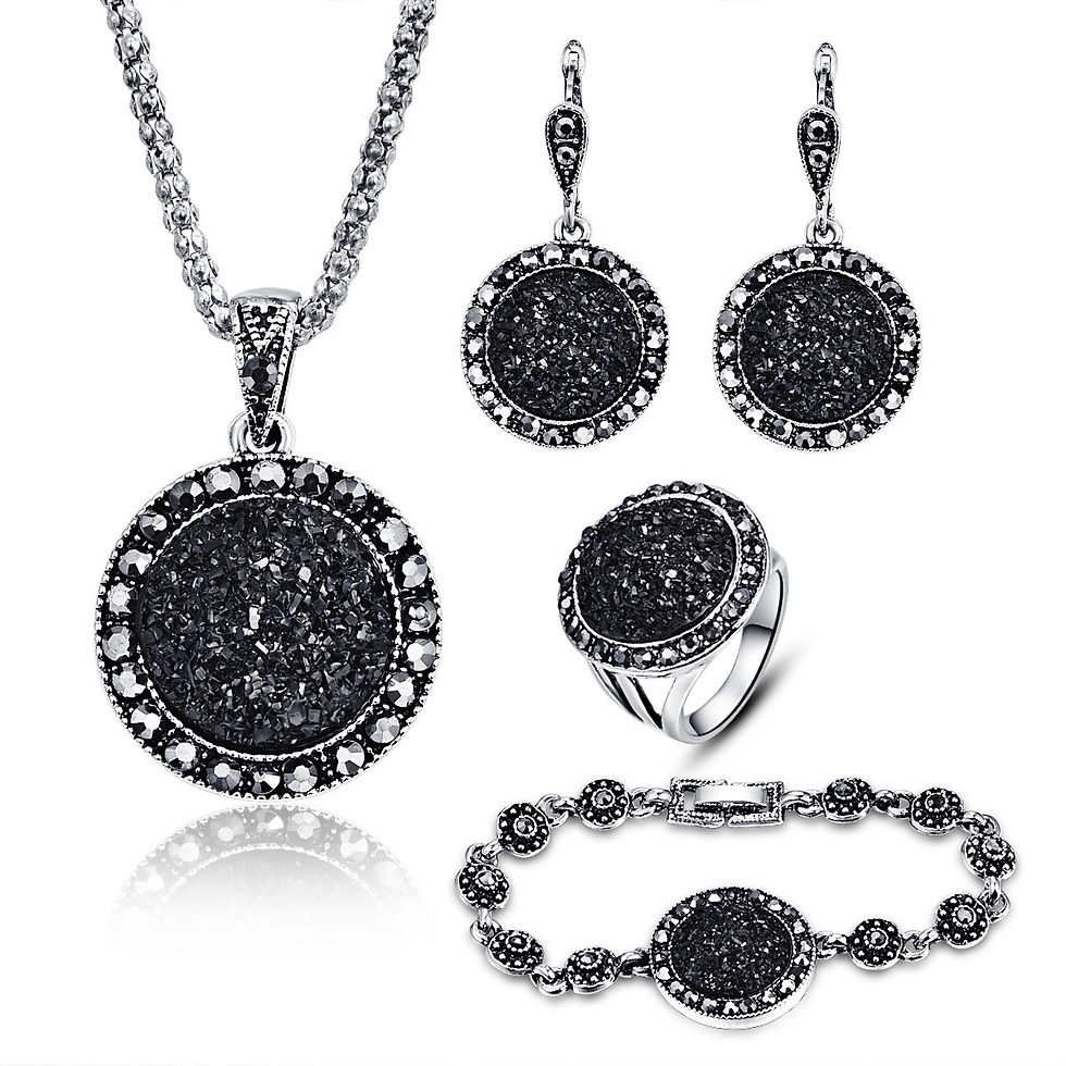 Thumbnail: Black Round Stone Resin Jewelry Set: Necklace, Bracelet, Earrings, Ring