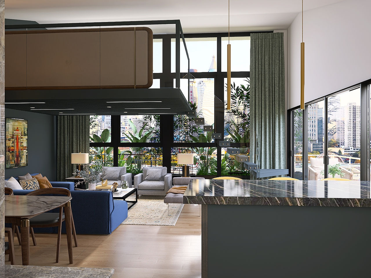 Double-height open-plan living area with floor-to-ceiling windows, floating staircase, black mezzanine level, marble kitchen island, upholstered seating, indoor plants, and city skyline views.