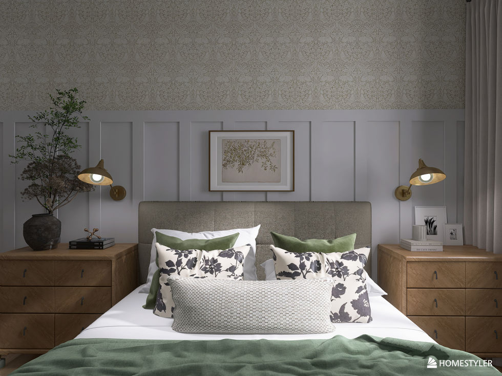 a bedroom with a picture on the wall above the bed