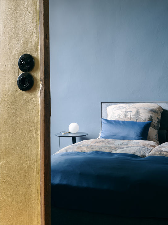 Bedroom interior in Concept Space, Potsdam — blue tones and calm natural light