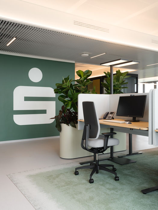 Workstation in Sparkasse headquarters Berlin — green wall, desk setup, acoustic panels and indoor plants