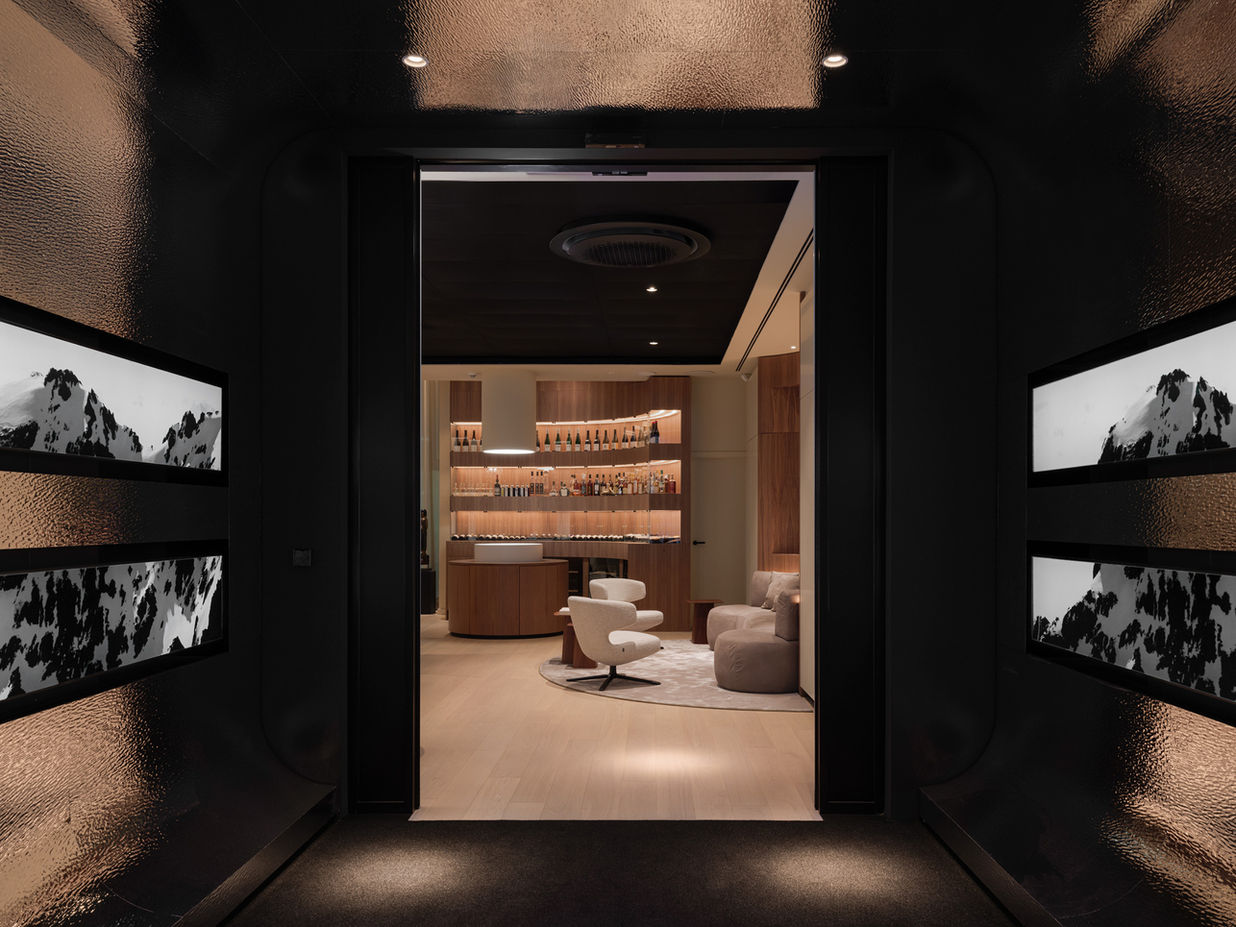 Entrance transition space La Vie Dusseldorf — futuristic corridor with illuminated display elements