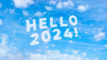 image shows a blue sky with clouds forming the words hello 2024!