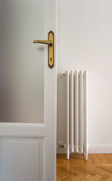 termosifone in ghisa d'epoca, parquet e battiscopa, porta antica in legno e vetro