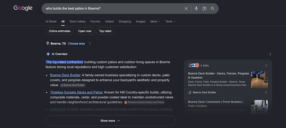 Google search of best patio builders in Boerne with an AI overview result