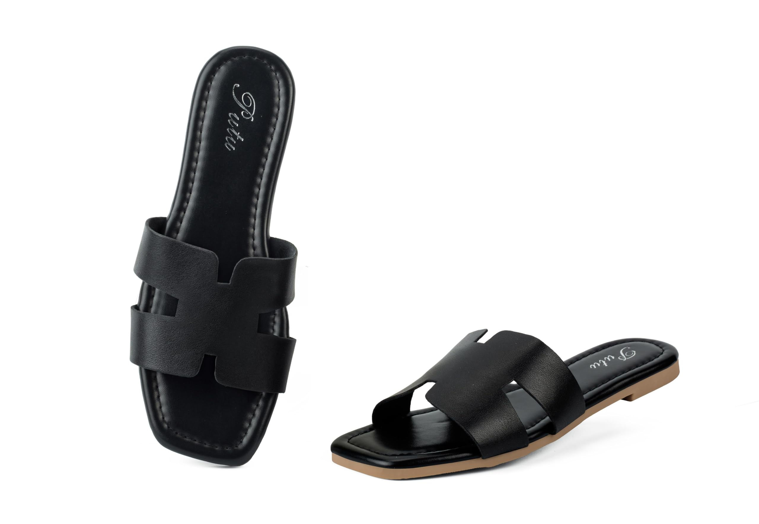 Putu Womens Flat Sandals Summer Sandals Cute Slide Sandals Black 6.5