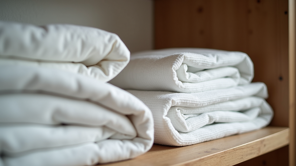 Eye-level view of neatly folded cotton bed linen on a wooden shelf