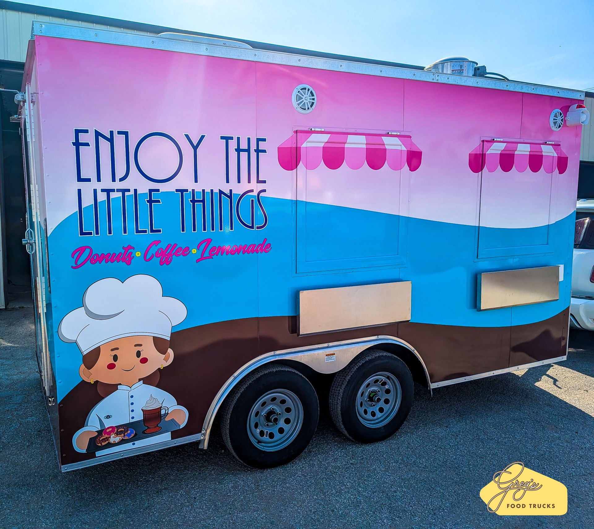 We built this custom-designed donute trailer for Enjoy The Little Things. A great way to mobilize your business without incurring a lot of costs. If you're interested in having a fully custom-built trailer built for your business, either call us at (574) 230-4747 ext. 4 or schedule a discovery call here.