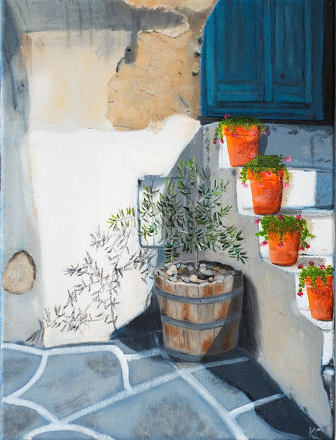 Charming Steps is a tranquil rustic landscape painting inspired by the beauty of sunlit Mediterranean courtyards and peaceful garden scenes. Featuring weathered stone steps, terracotta flower pots, blue shutters, and soft greenery, this original oil painting captures a calming sense of warmth, home, and timeless charm. Rich earthy tones and vibrant floral details make it a beautiful statement piece for collectors who love nature-inspired wall art, garden decor, and peaceful countryside scenes. Perfect for bringing a sense of serenity and elegance into your home.