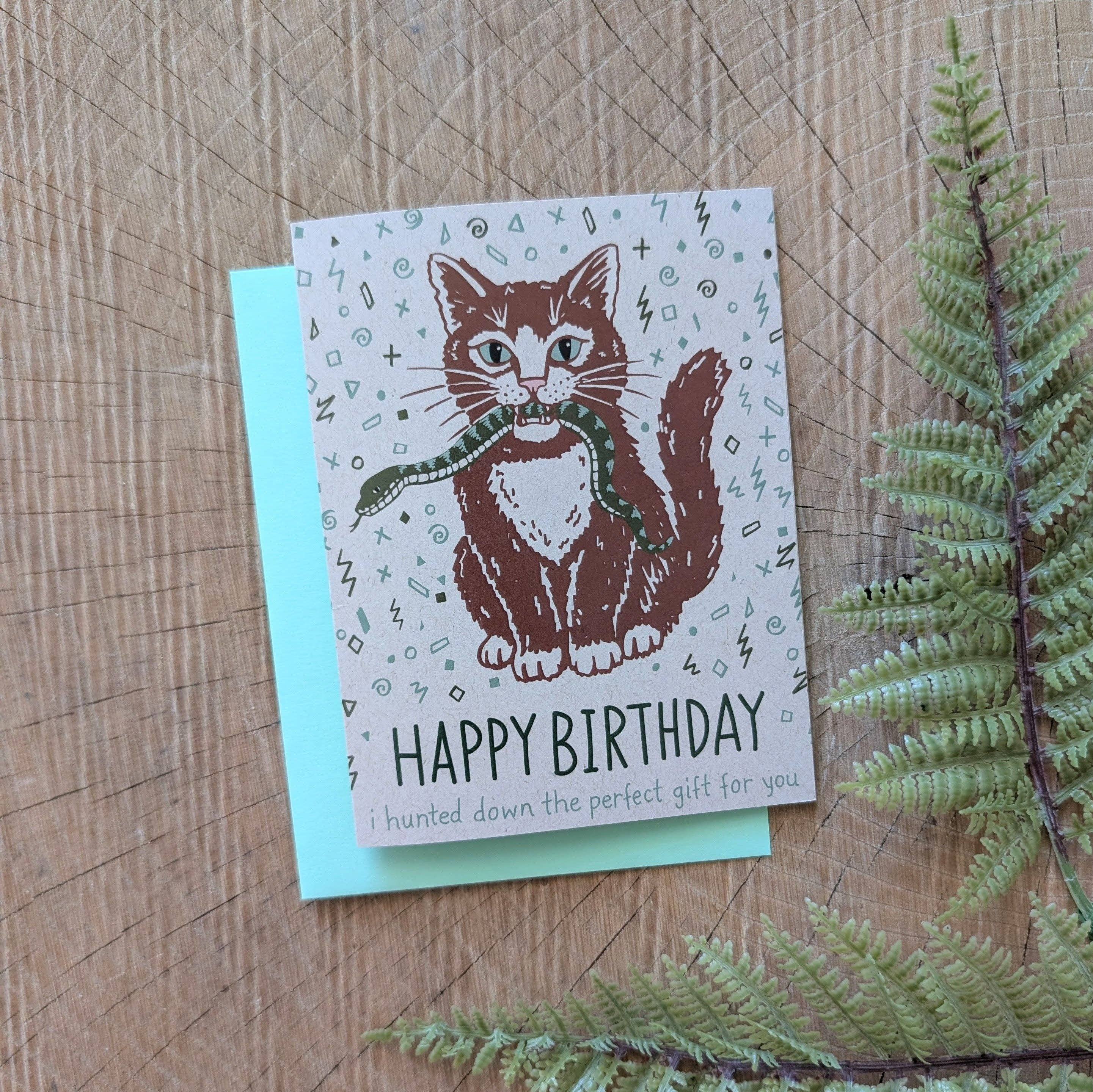 Greeting card | happy birthday cat caught snake gift