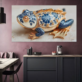 Werk aan de Muur-1753757-kikker in delfts blauw en goud op een wit marmeren achtergrond-Gelissen Artworks-1200x1200-Kitchen - roomtemplate-facebookNewsFeed