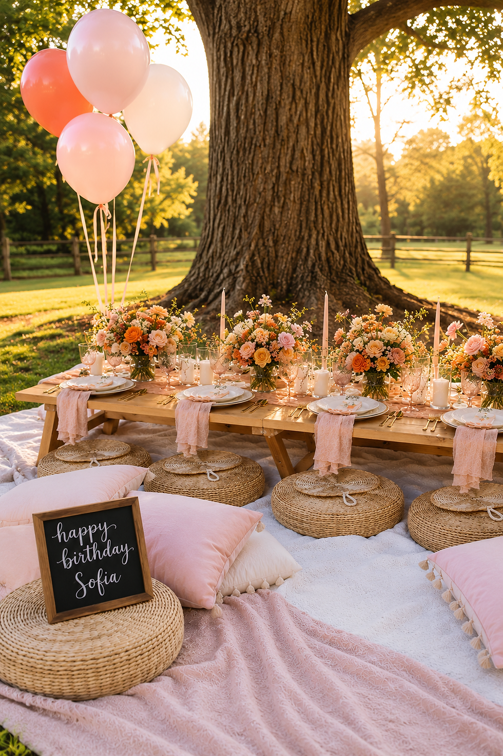 Romantic luxury picnic with rose florals, soft tones, and a beautifully styled tablescape