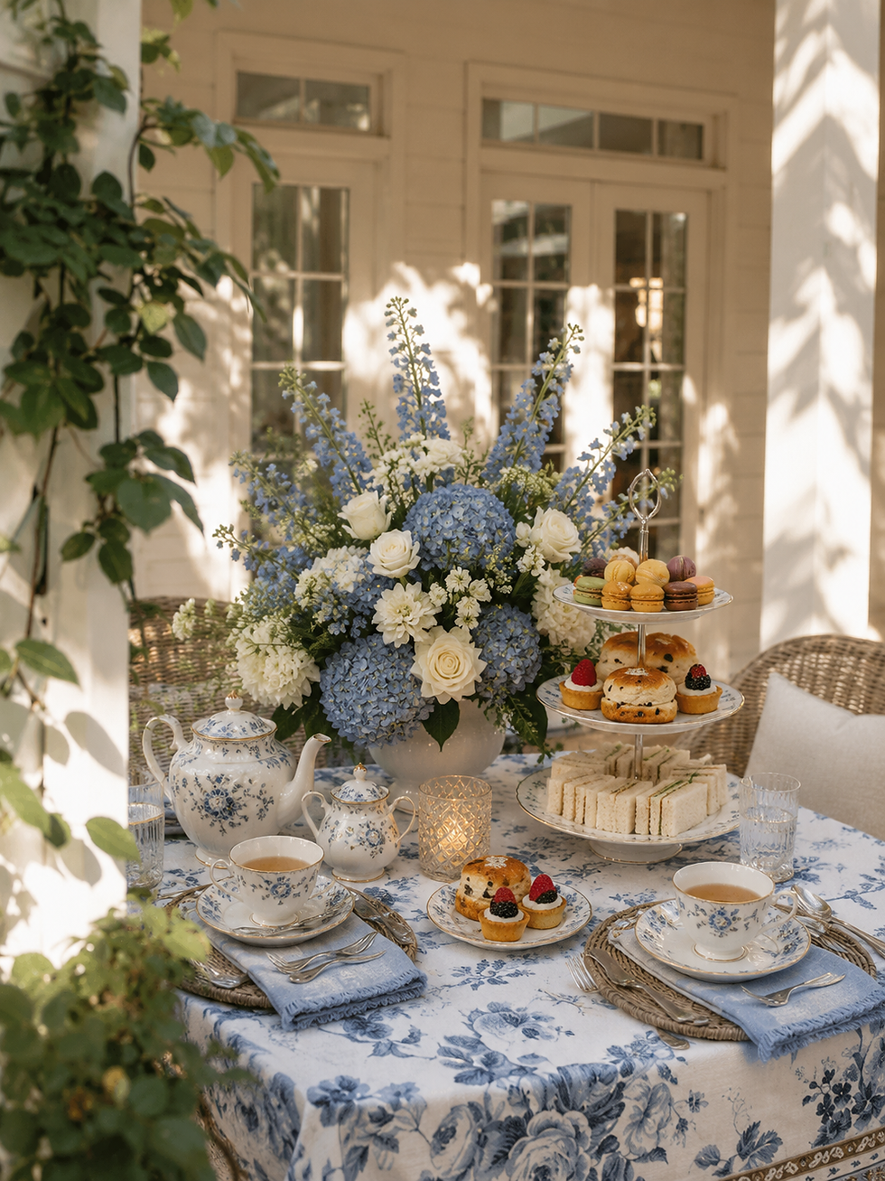 A soft and elegant afternoon tea setup. Inspired by French porcelain with soft blue tones and florals.