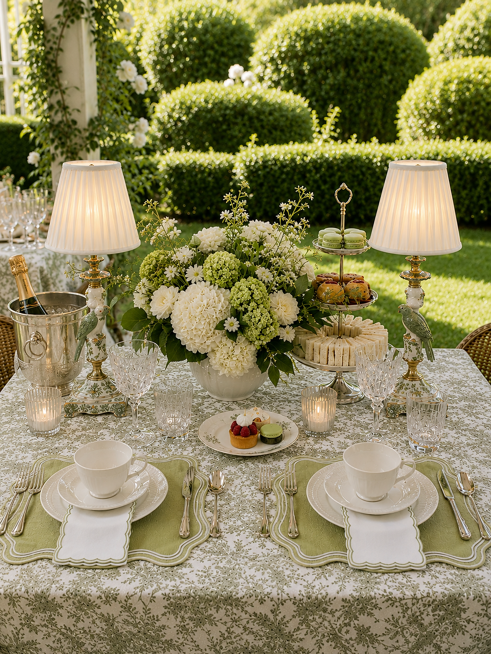 Refined, garden-inspired afternoon tea setup, featuring classic chinoiserie decor and charm.