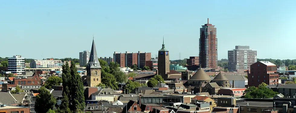 Panoramisch uitzicht op Enschede met bekende stadsplekken