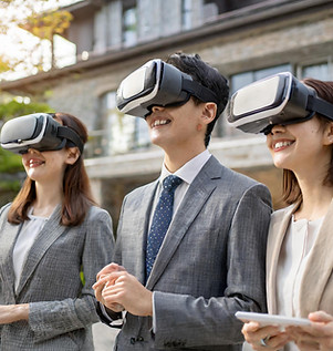 Firefly A woman, a man, and a woman are wearing simple VR goggles and looking around the e