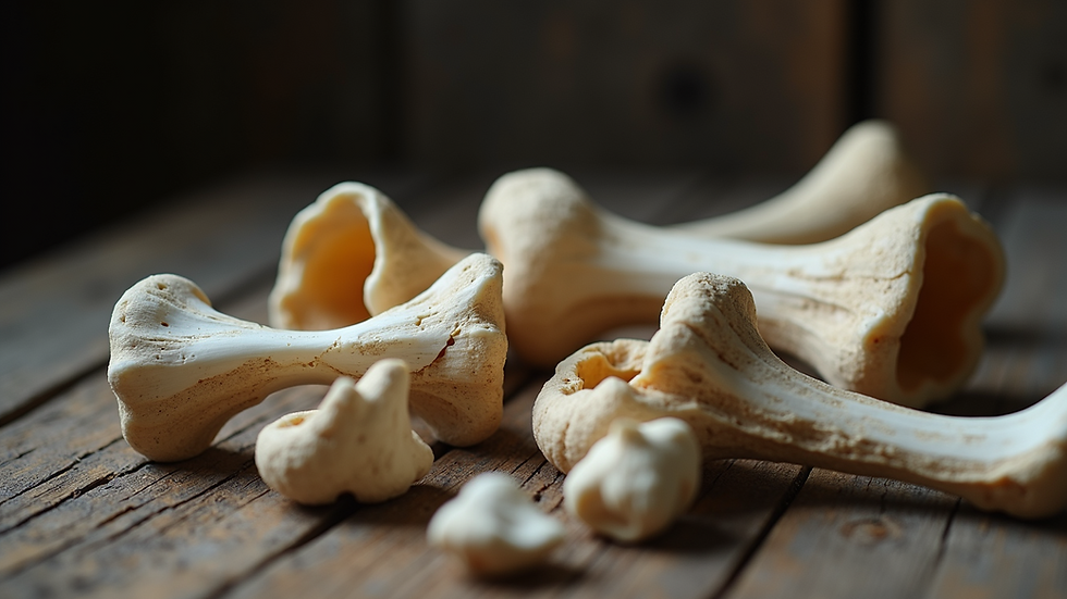 Close-up view of a collection of bones used for divination