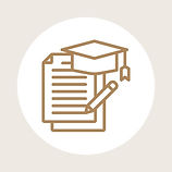 A brown icon showing a graduation hat, a document and a pencil, symbolizing the concept of education and learning.