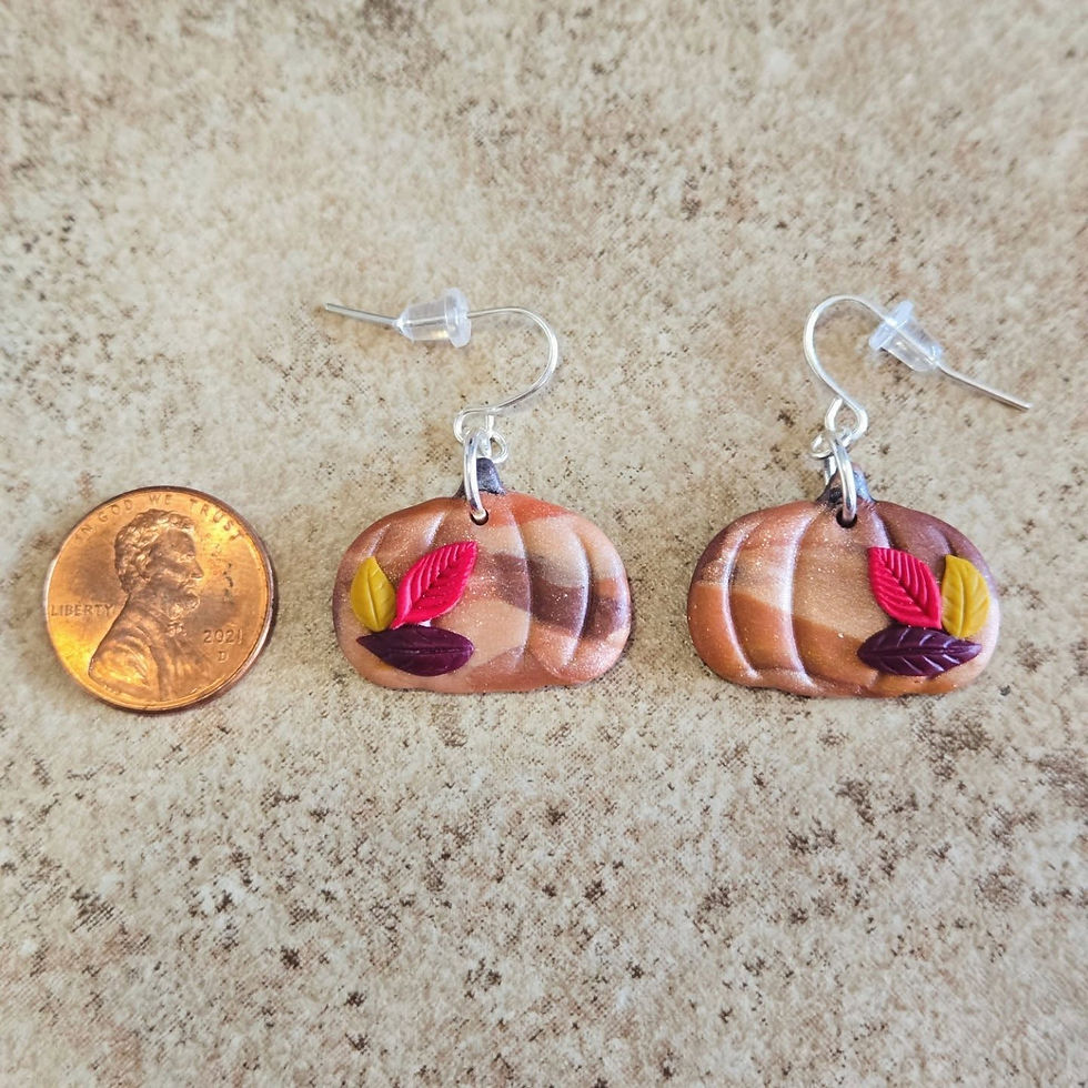 Thumbnail: Hanging Bronze Patchwork Pumpkins with Autumn Leaves Earrings