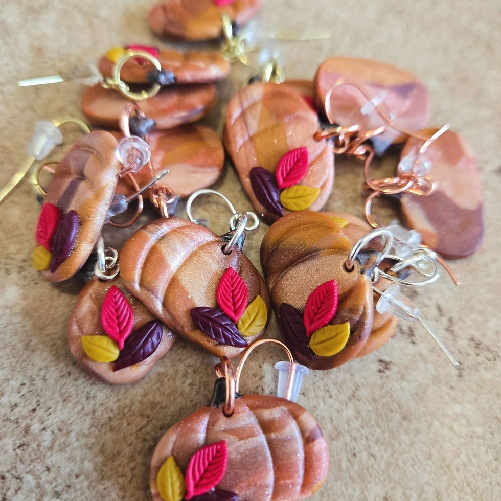 Thumbnail: Hanging Bronze Patchwork Pumpkins with Autumn Leaves Earrings