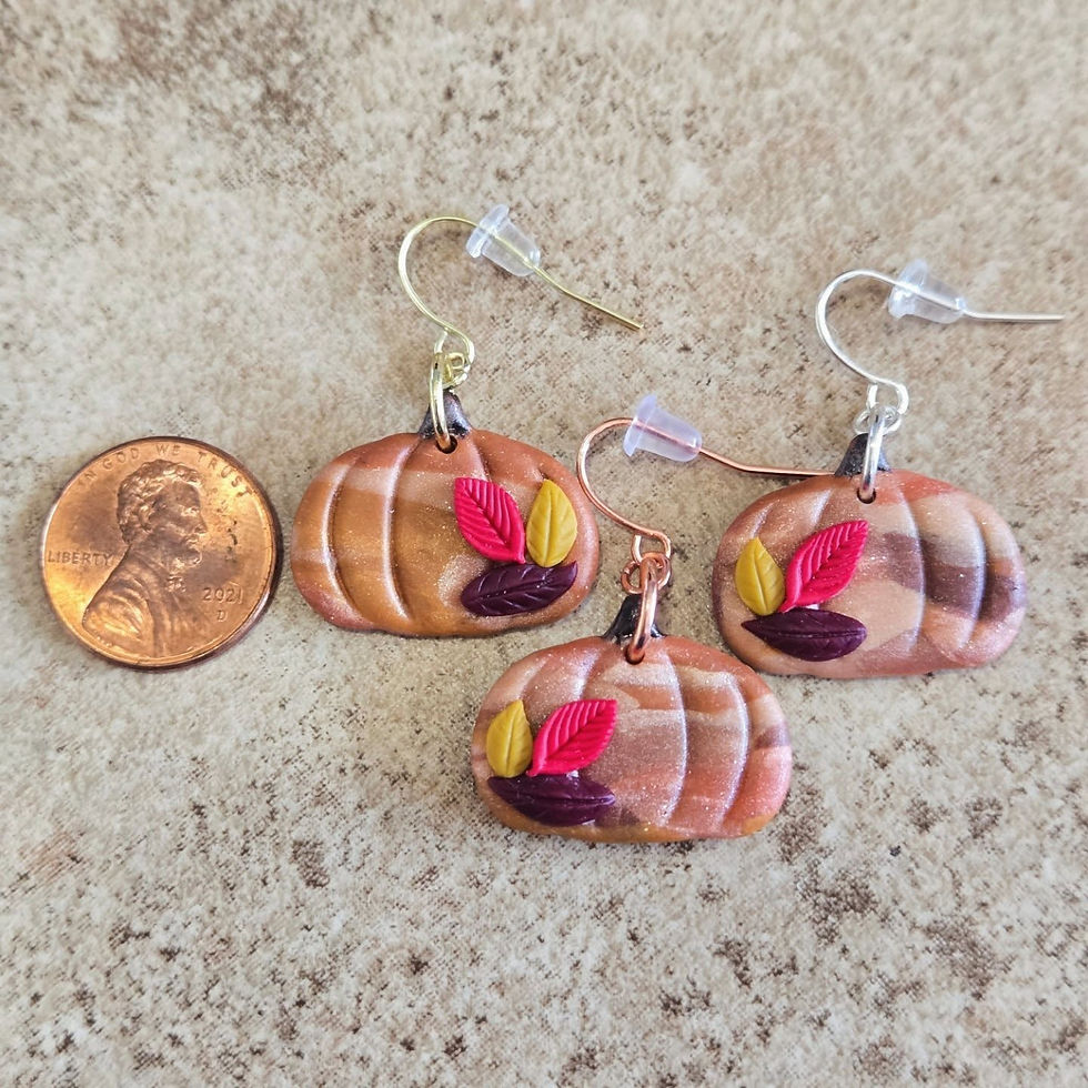 Thumbnail: Hanging Bronze Patchwork Pumpkins with Autumn Leaves Earrings