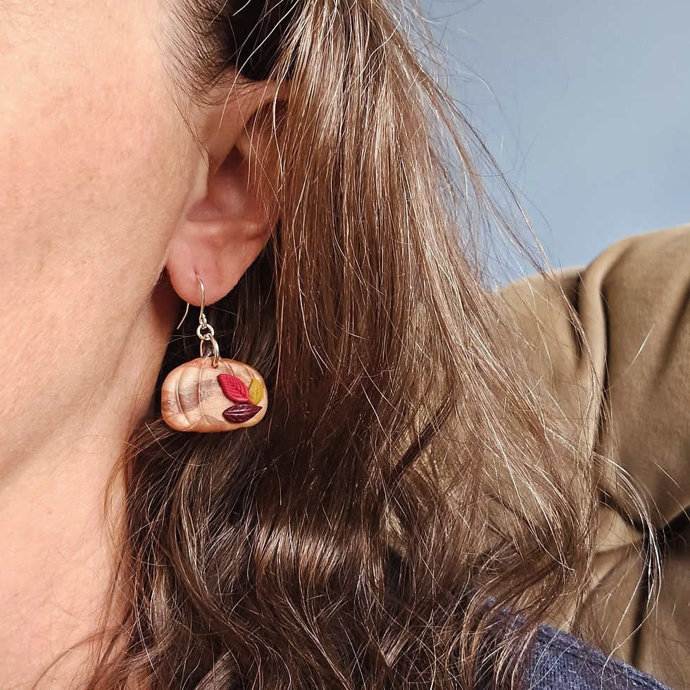 Thumbnail: Hanging Bronze Patchwork Pumpkins with Autumn Leaves Earrings