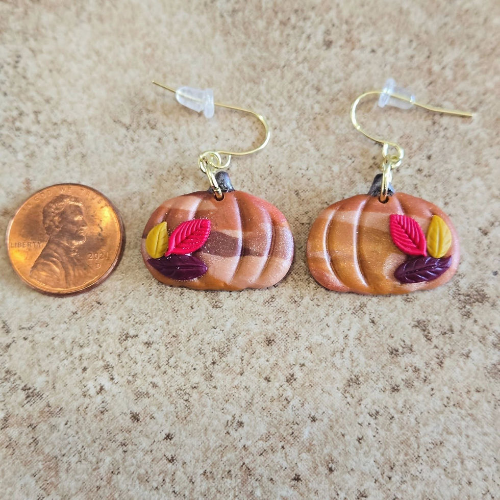 Thumbnail: Hanging Bronze Patchwork Pumpkins with Autumn Leaves Earrings