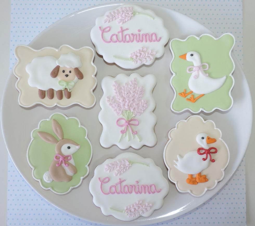 Biscoitos Ganso, Pato, Coelho, Ovelha, Flores Nome com laço e bo