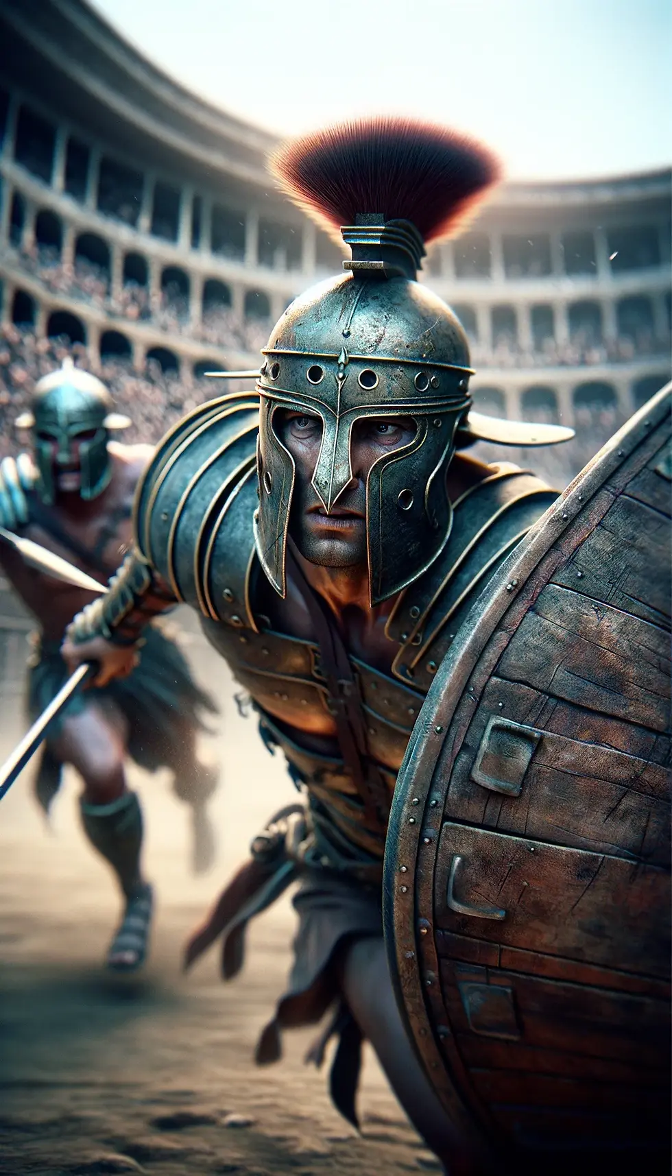 Secutor Gladiator with a helment with small openings for the eyes in battle in the colosseum.