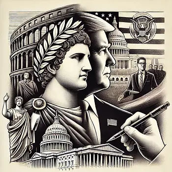 pen and ink drawing of roman and presidential figures against a roman and USA capital background.