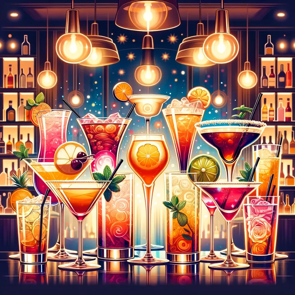 twelve cocktails on a background which looks like a bar