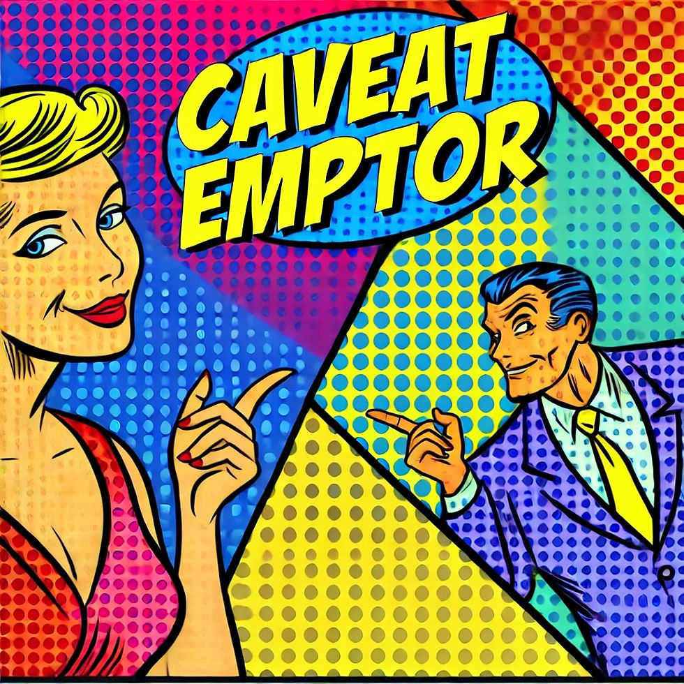 pop art style with the text 'caveat emptor' with a woman and a man featured.