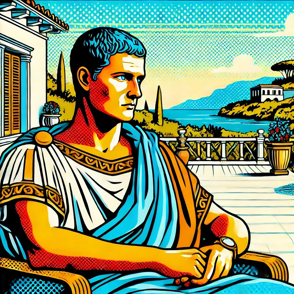 A pop art style image depicting Roman Emperor Tiberius during his later years on the island of Capri. He is shown seated in a villa overlooking the se