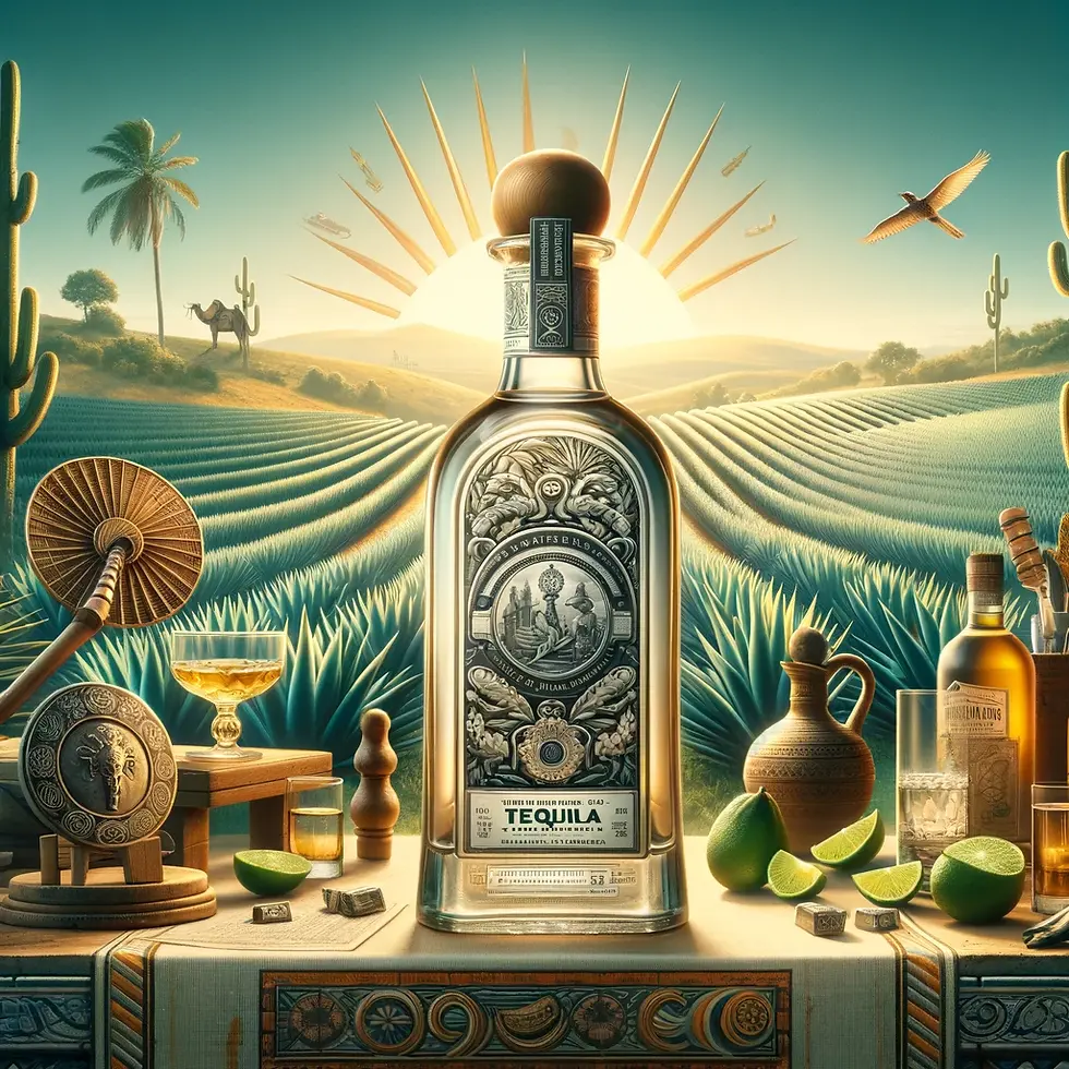 bottle of tequila against a background of a field of agave plants and next to limes, glasses and other mexican symbols.