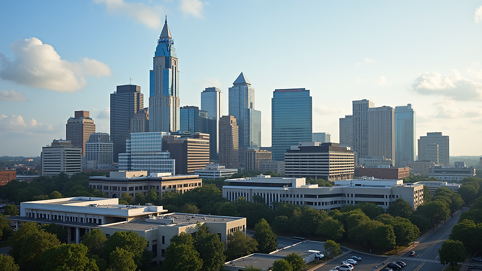 High angle view of Uptown Charlotte skyline with healthcare facilities