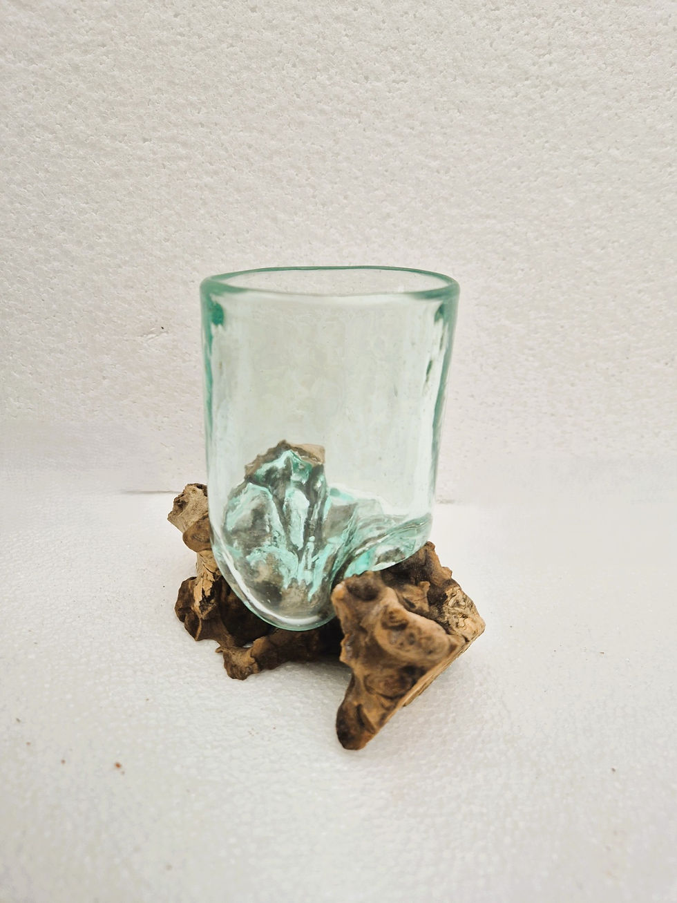 Thumbnail: Unusual Hand Made  Melted glass Whiskey Tumbler on reclaimed wood
