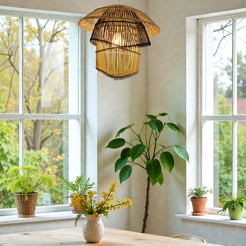 Thumbnail: Unusual 3 Tier Rattan Bali Pendant Lamp Tropical Natural and Black Rattan Woven