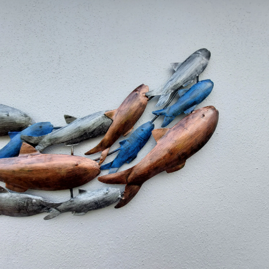 Thumbnail: Copper, Silver & Blue Metal Fish Wave wall Art 110cm