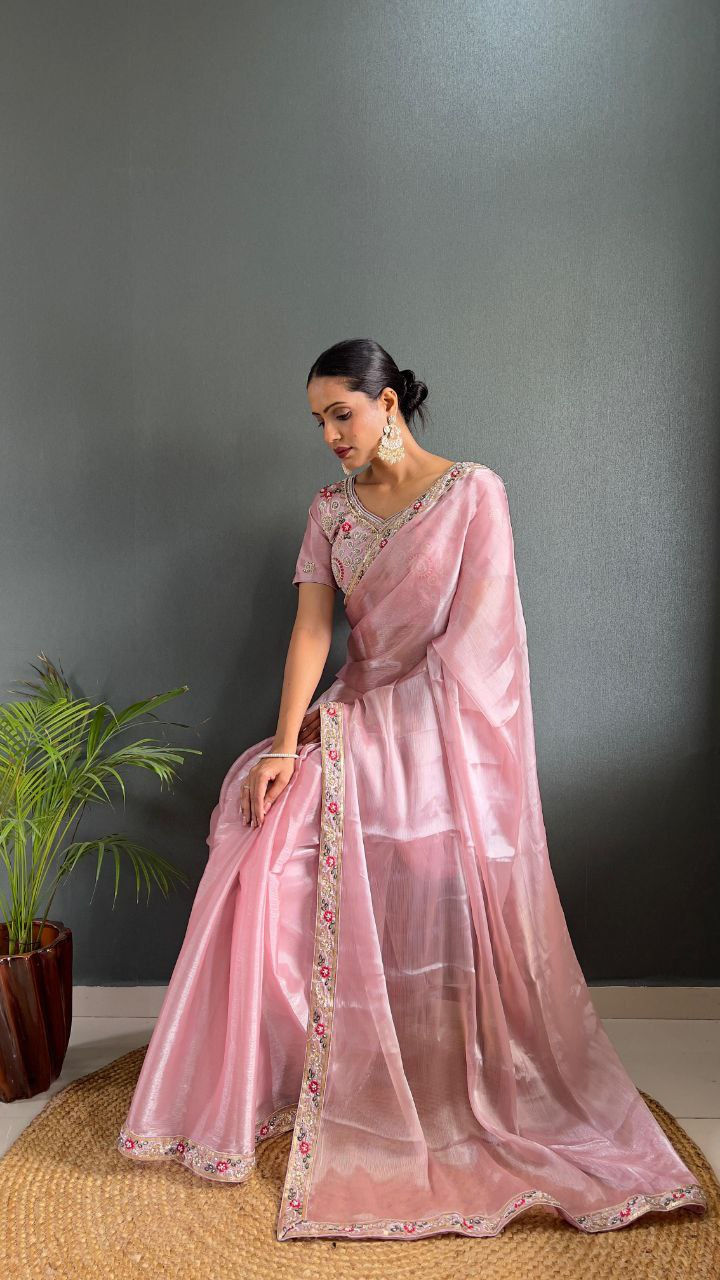Thumbnail: Latest Full Handwork Light Pink Color Saree