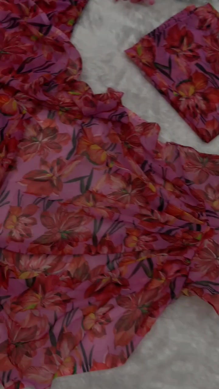 Thumbnail: Latest Ready To Wear Flower Print Pink Saree With Attached Ruffle Dupatta