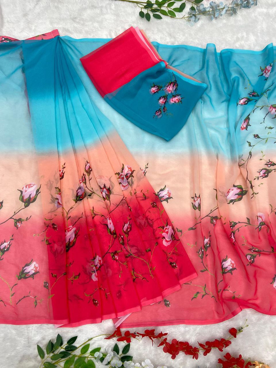 Thumbnail: Latest Ready To Wear Floral Print Multi Color  Saree