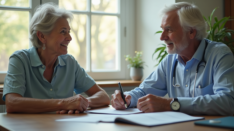 Eye-level view of a senior couple discussing Medicare options