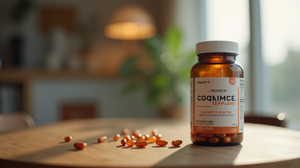 Close-up view of a bottle of premium cognitive supplements on a wooden table