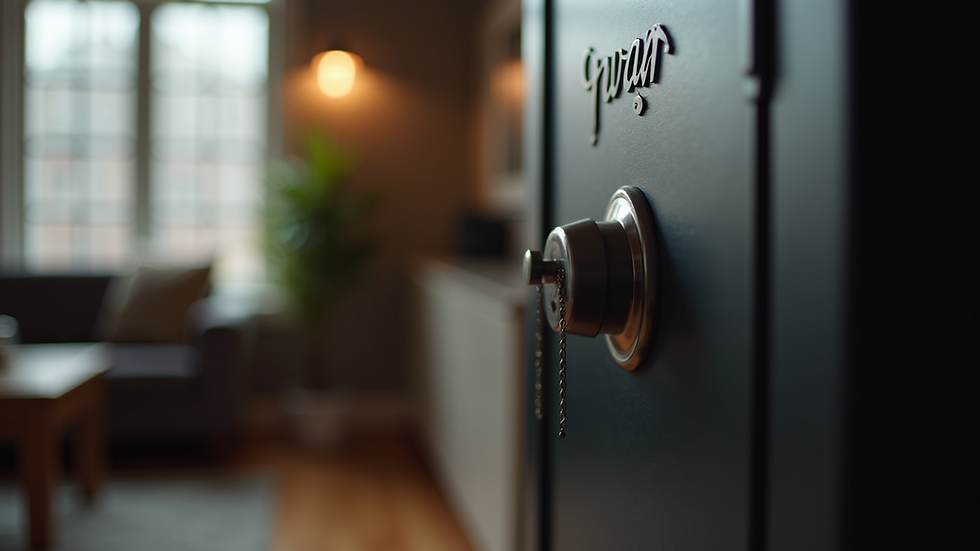 Eye-level view of a locked gun safe in a home setting