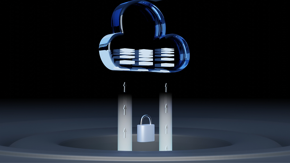 Cloud-shaped digital icon above a padlock, with arrows on pillars.