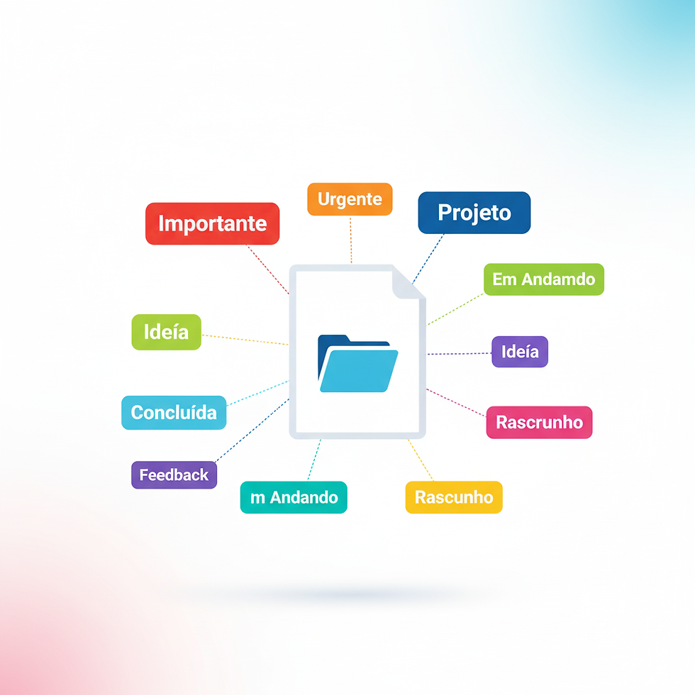 Nuvem de tags coloridas ou um arquivo com múltiplas tags associadas. (Ex: Ilustração de um documento com várias etiquetas flutuando ao redor)